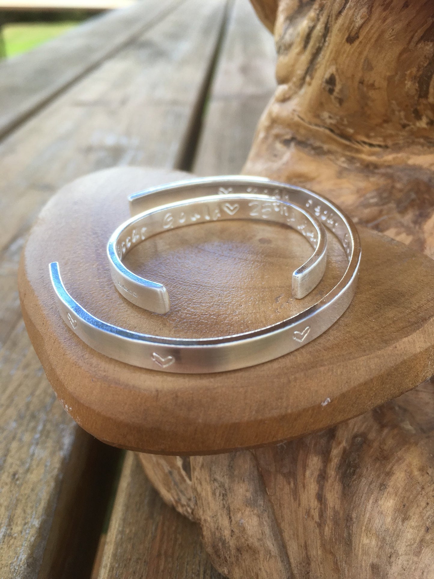 Mum and baby 2 x matching Personalised Sterling silver bangles choice of text and pattern, fully hallmarked & handmade uk