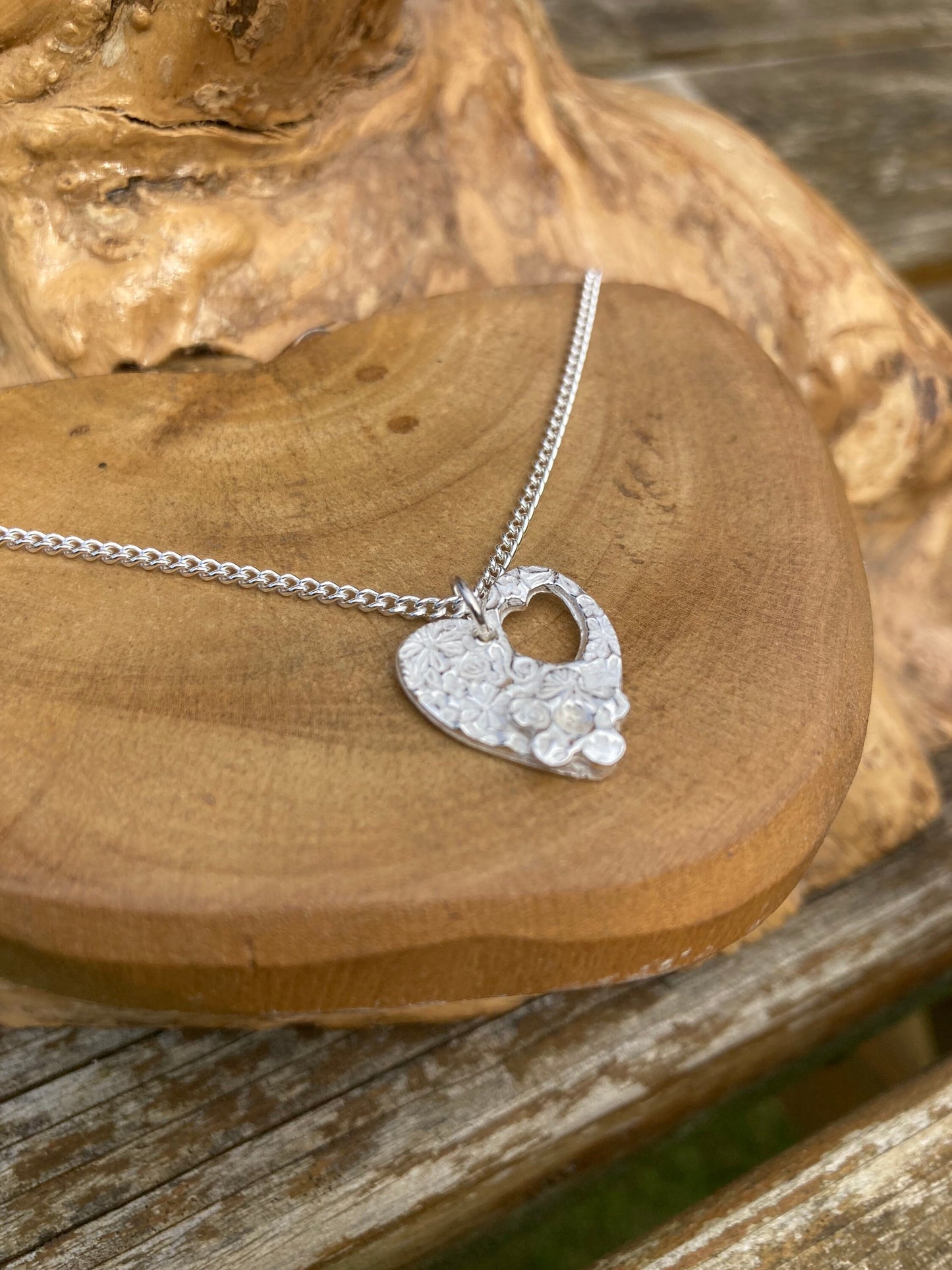 solid silver small heart pendant necklace with forgetmenot flower & 18" sterling silver chain designed and handmade in UK