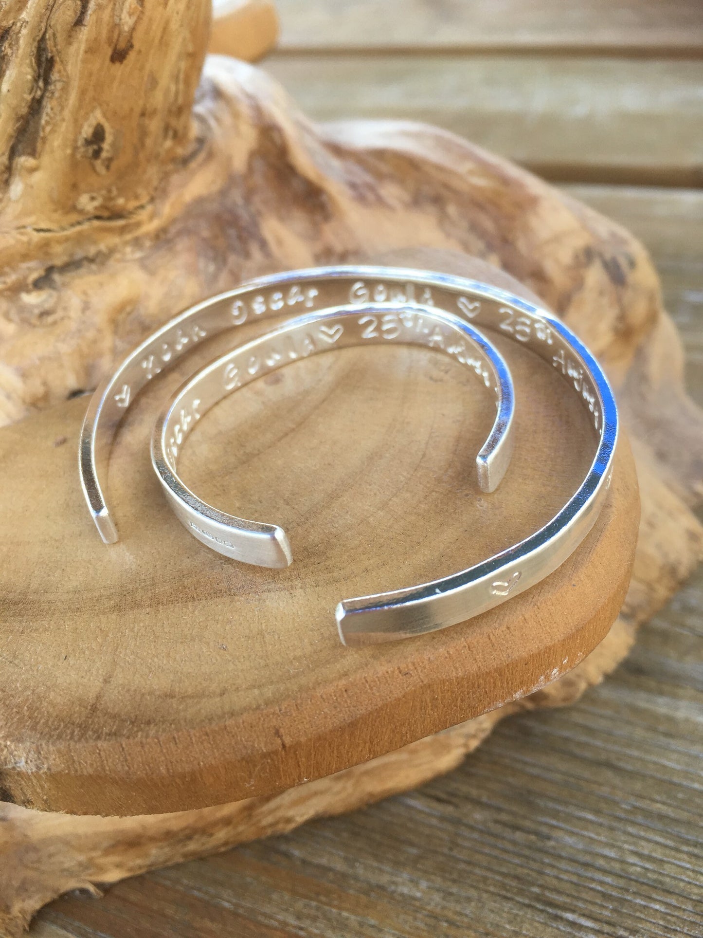 Mum and baby 2 x matching Personalised Sterling silver bangles choice of text and pattern, fully hallmarked & handmade uk