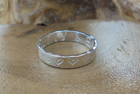 Personalised solid sterling silver wedding or friendship ring, choice of pattern/text, designed & handmade in UK