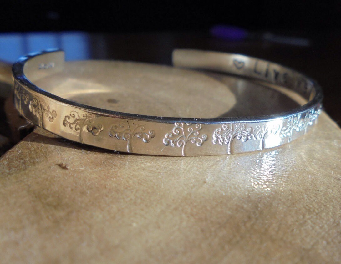 Personalised Sterling silver bangle choice of text and pattern, fully hallmarked & handmade uk