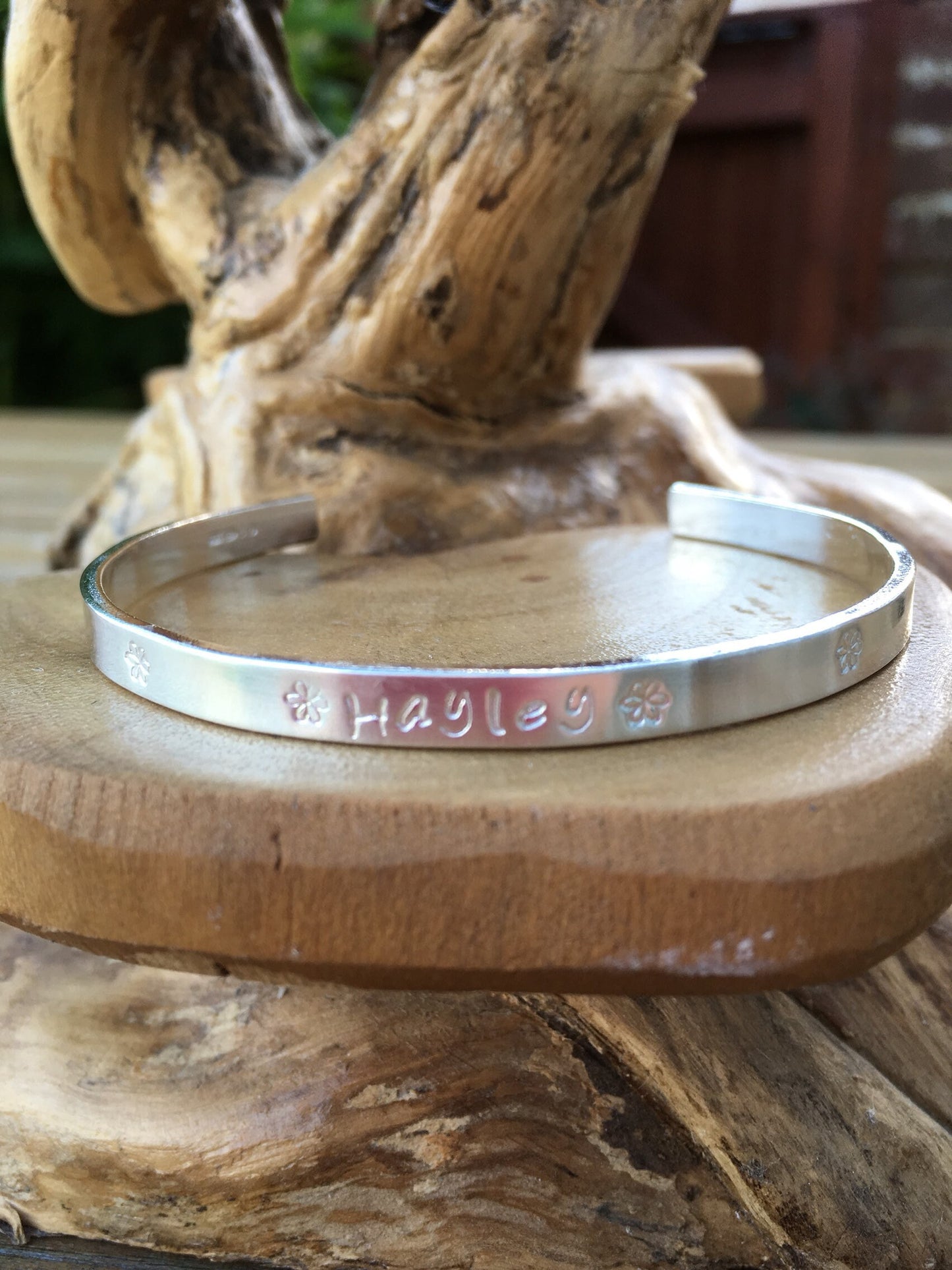 Personalised Sterling silver bangle choice of text and pattern, fully hallmarked & handmade uk