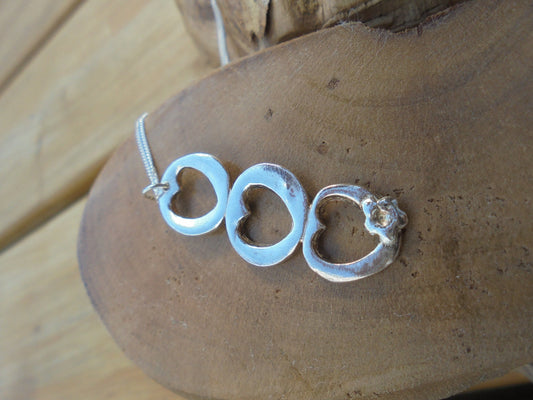 solid fine silver triple heart pendant with flower and 18" sterling silver chain designed & handmade in UK