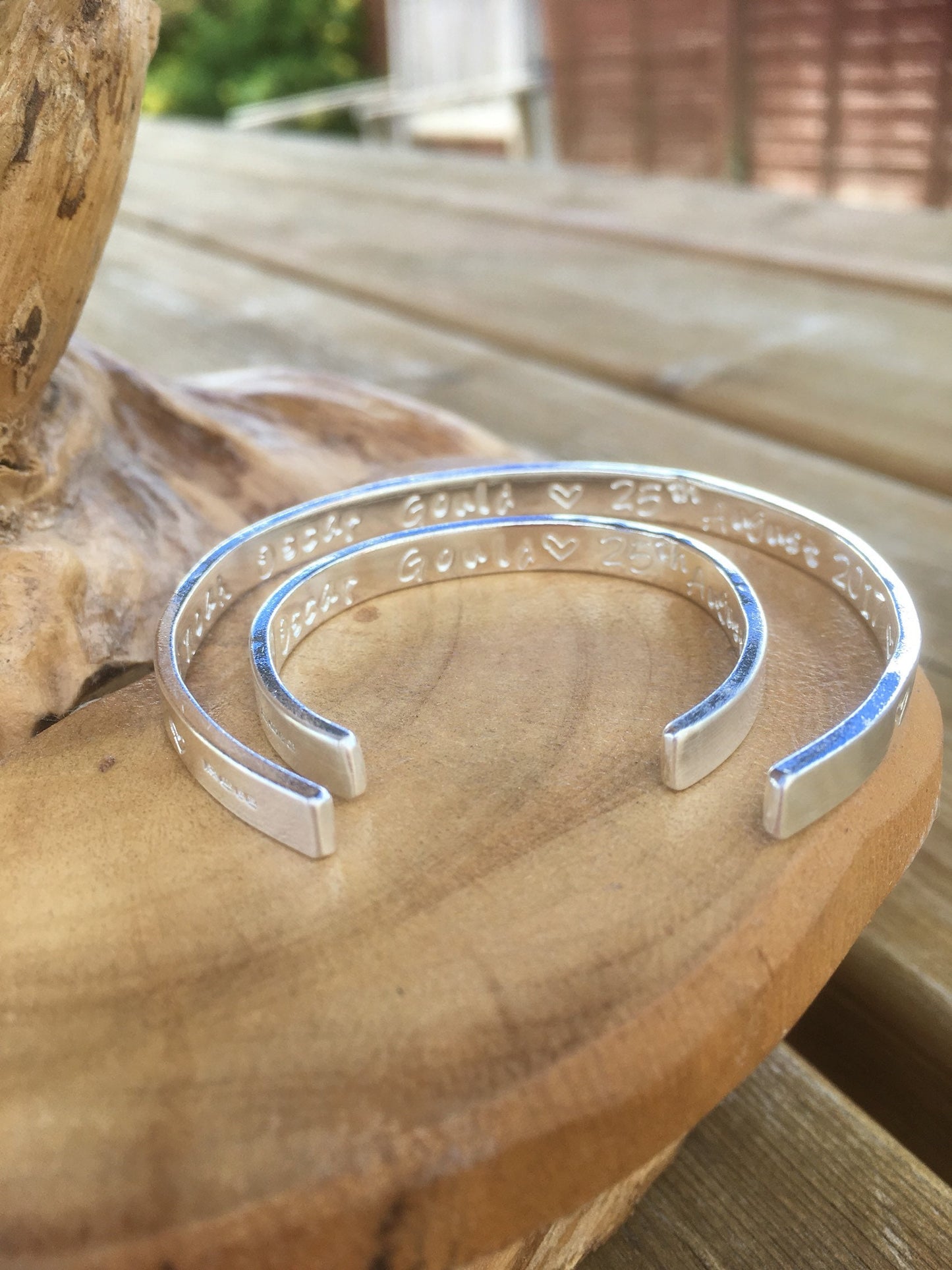 Mum and baby 2 x matching Personalised Sterling silver bangles choice of text and pattern, fully hallmarked & handmade uk