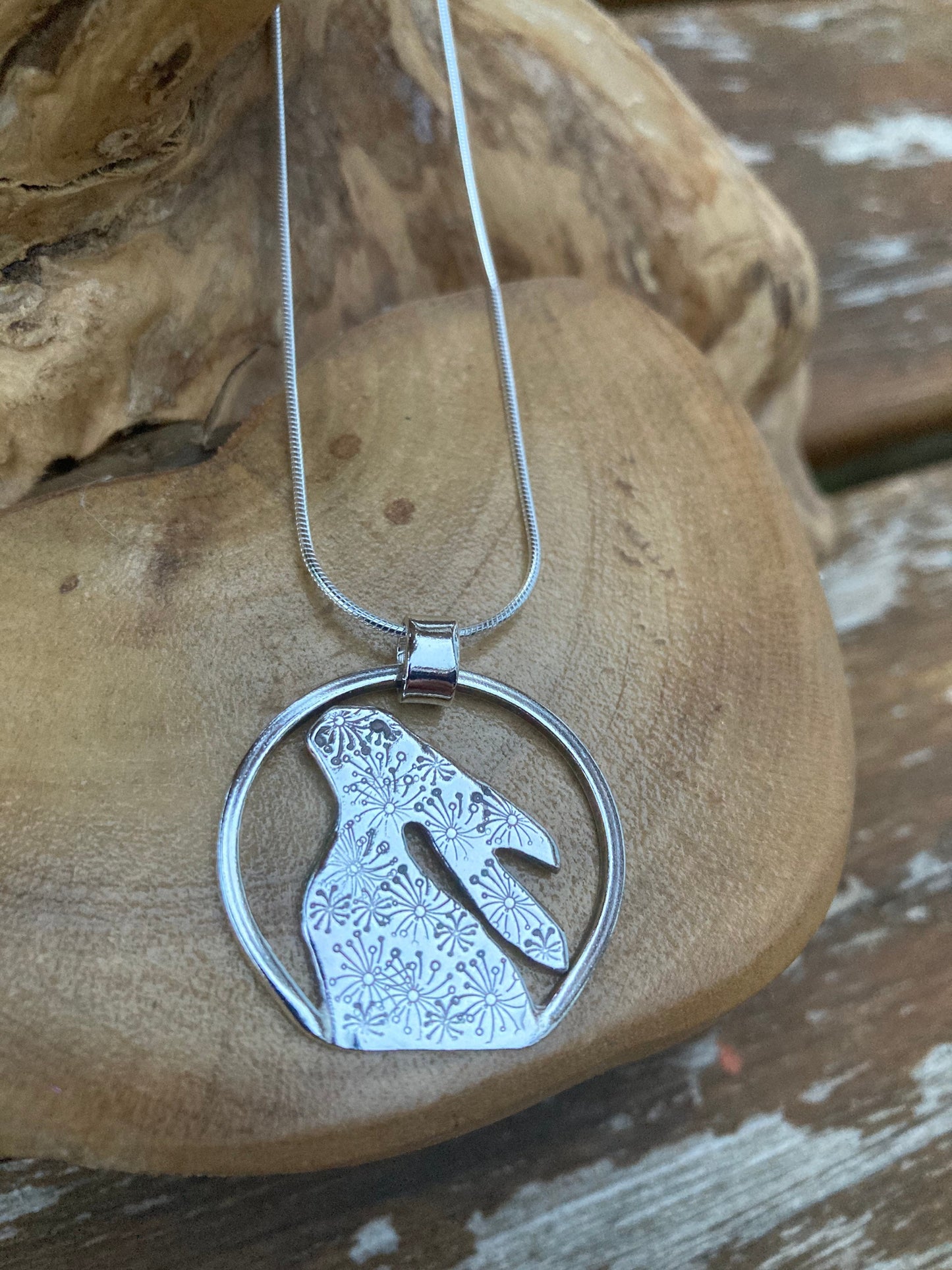 Moon gazing Hare pendant, Personalised and in solid sterling silver, hand made UK