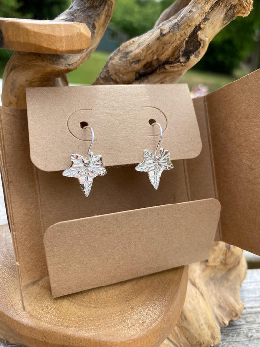 Fine silver ivy leaf drop earrings, handmade in Gloucestershire, UK.