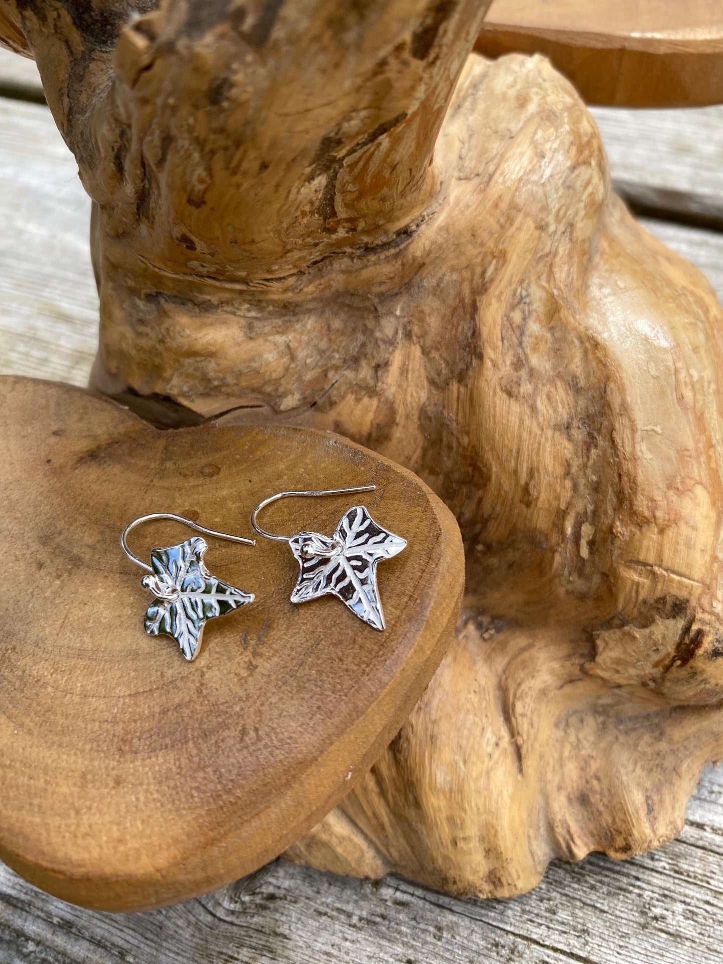 Fine silver ivy leaf drop earrings, handmade in Gloucestershire, UK.