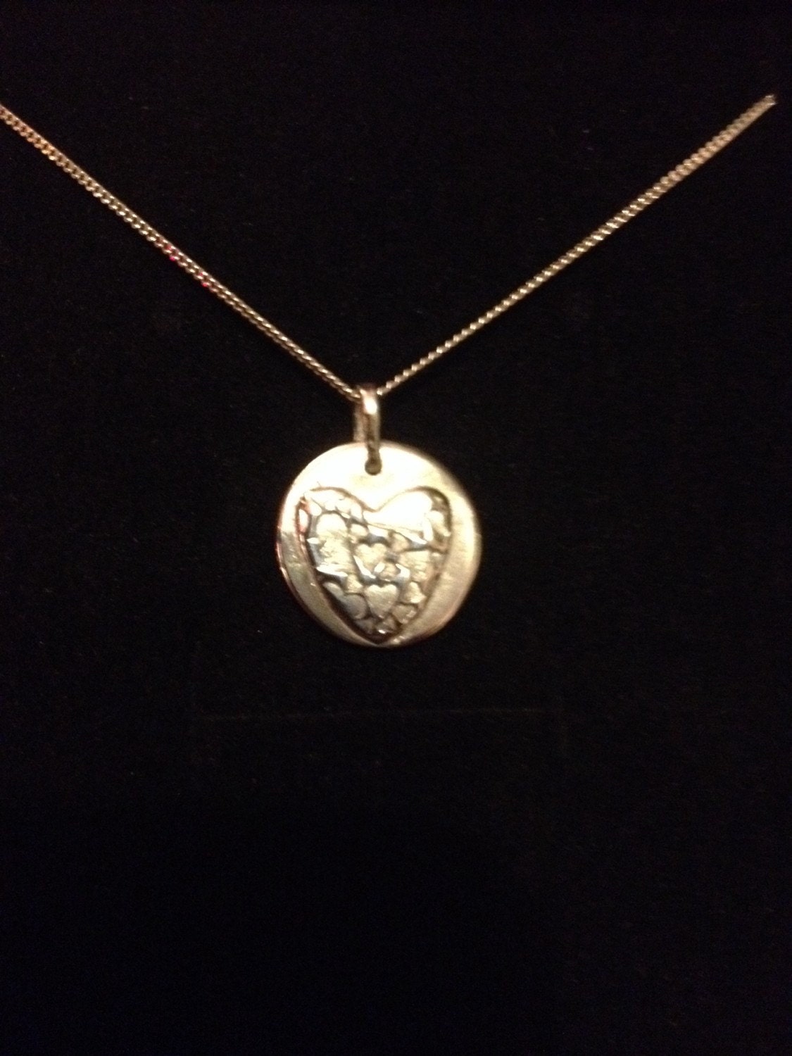 Personalised solid silver button with heart, daisy or star pattern handmade UK & 16" or 18" solid sterling silver necklace