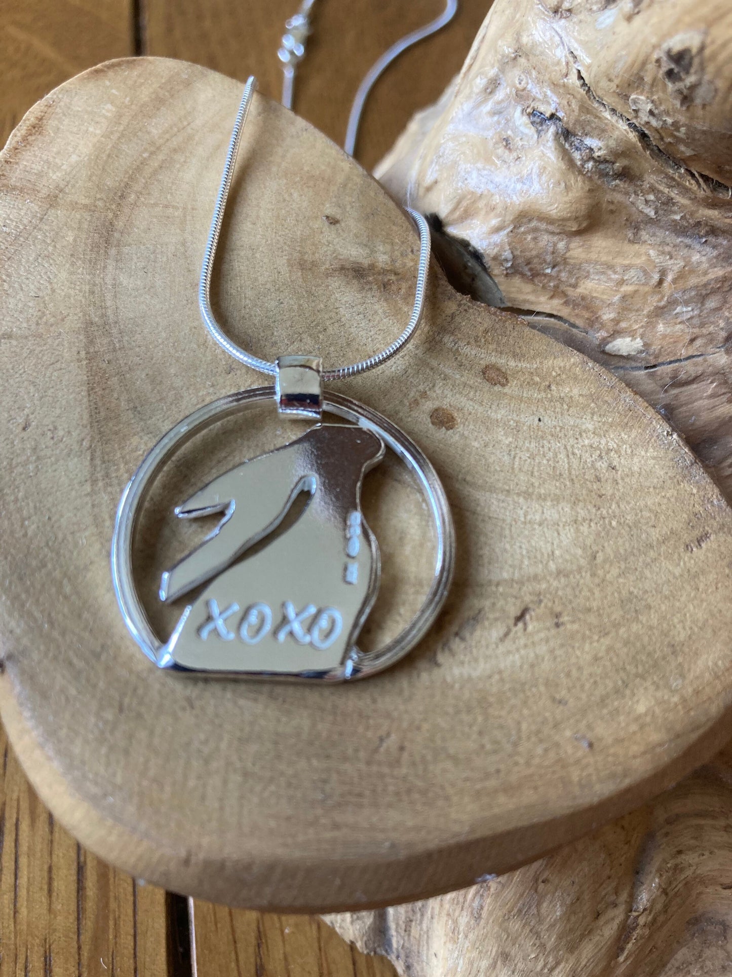 Moon gazing Hare pendant, Personalised and in solid sterling silver, hand made UK