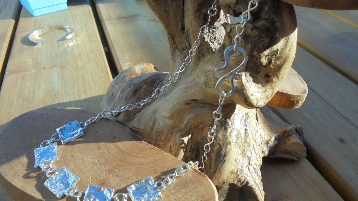 solid sterling reticulated sterling silver squares on handmade infinity sterling silver chain designed & handmade uk