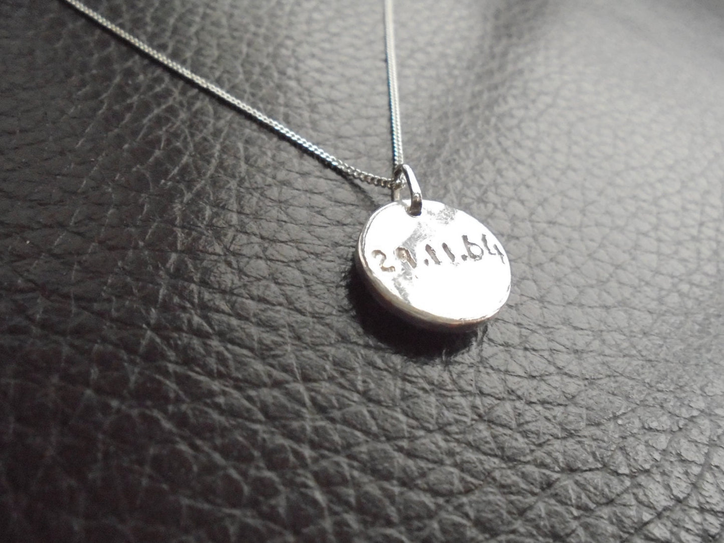 Personalised solid silver button with heart, daisy or star pattern handmade UK & 16" or 18" solid sterling silver necklace