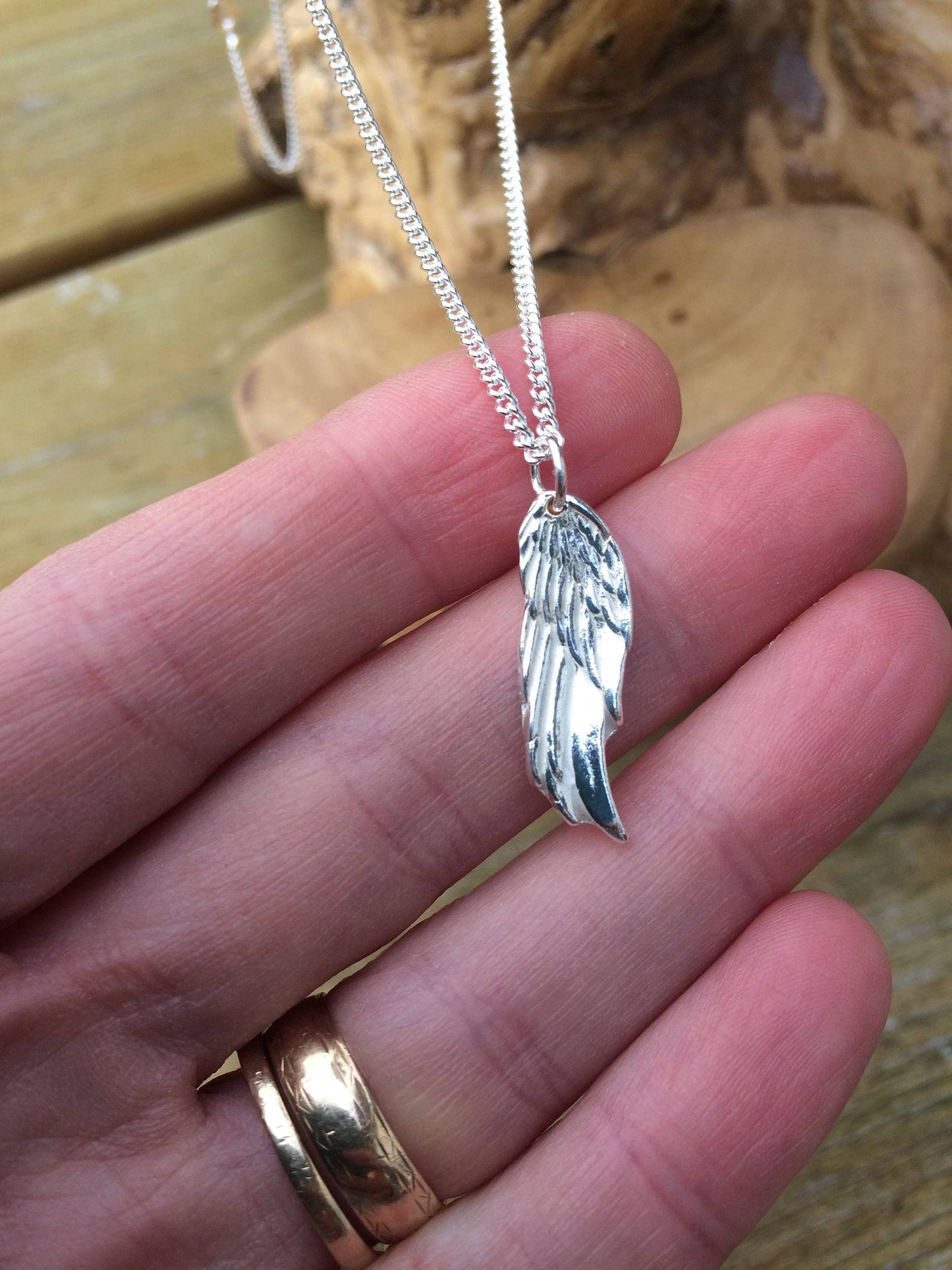 Personalised angels wing solid silver dainty pendant necklace and 18" sterling silver chain designed & handmade in UK