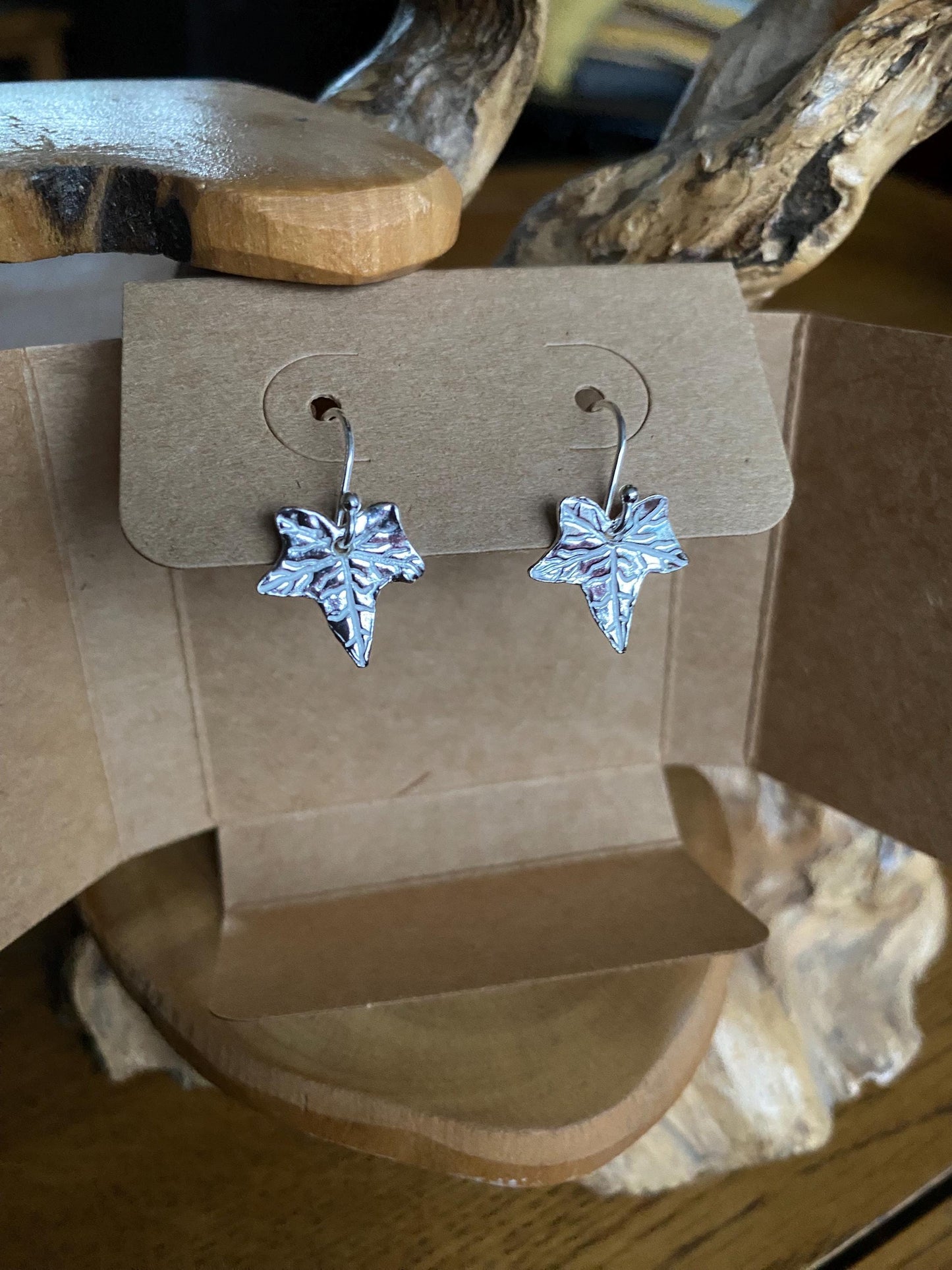 Fine silver ivy leaf drop earrings, handmade in Gloucestershire, UK.