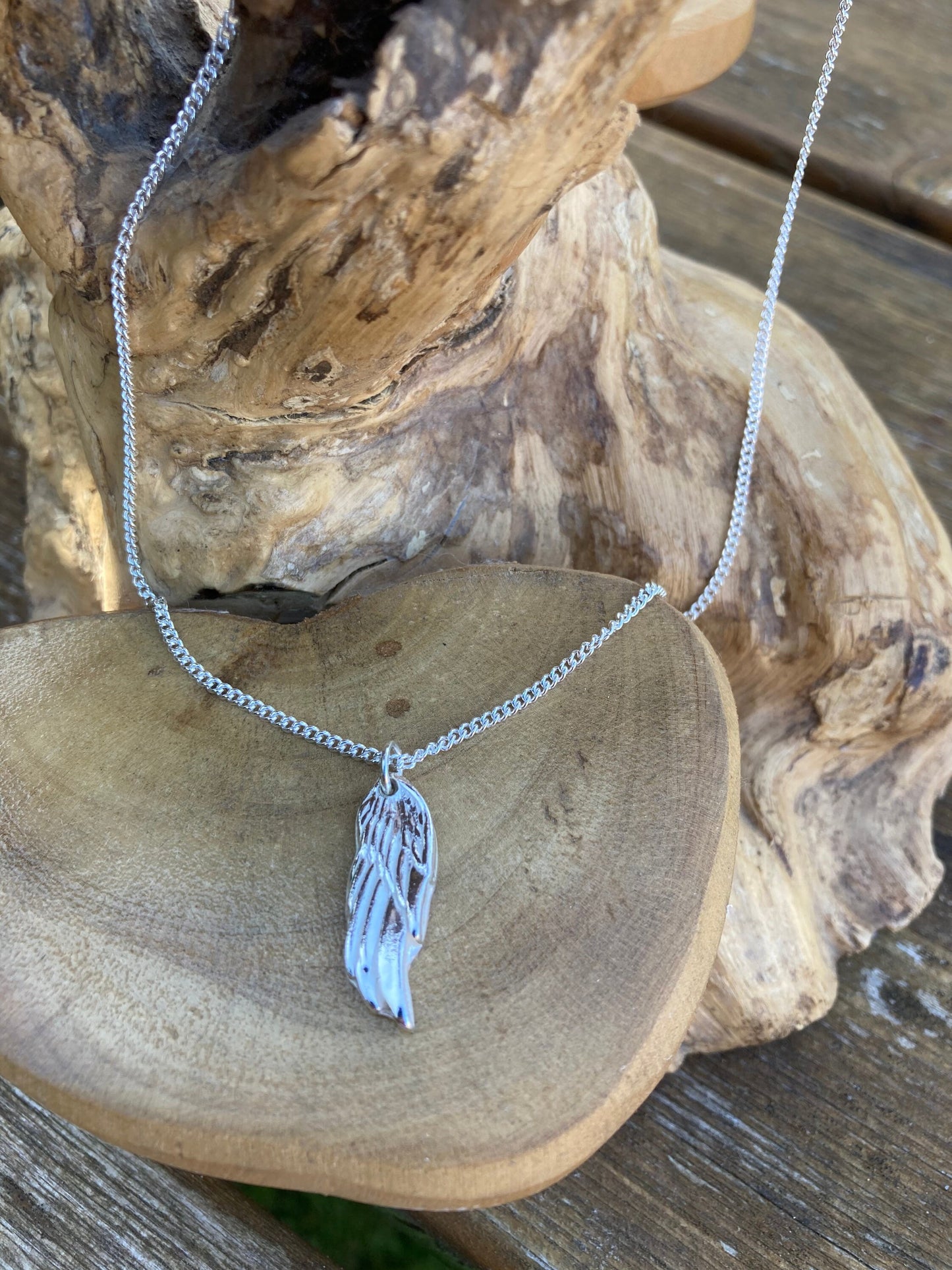 Personalised angels wing solid silver dainty pendant necklace and 18" sterling silver chain designed & handmade in UK