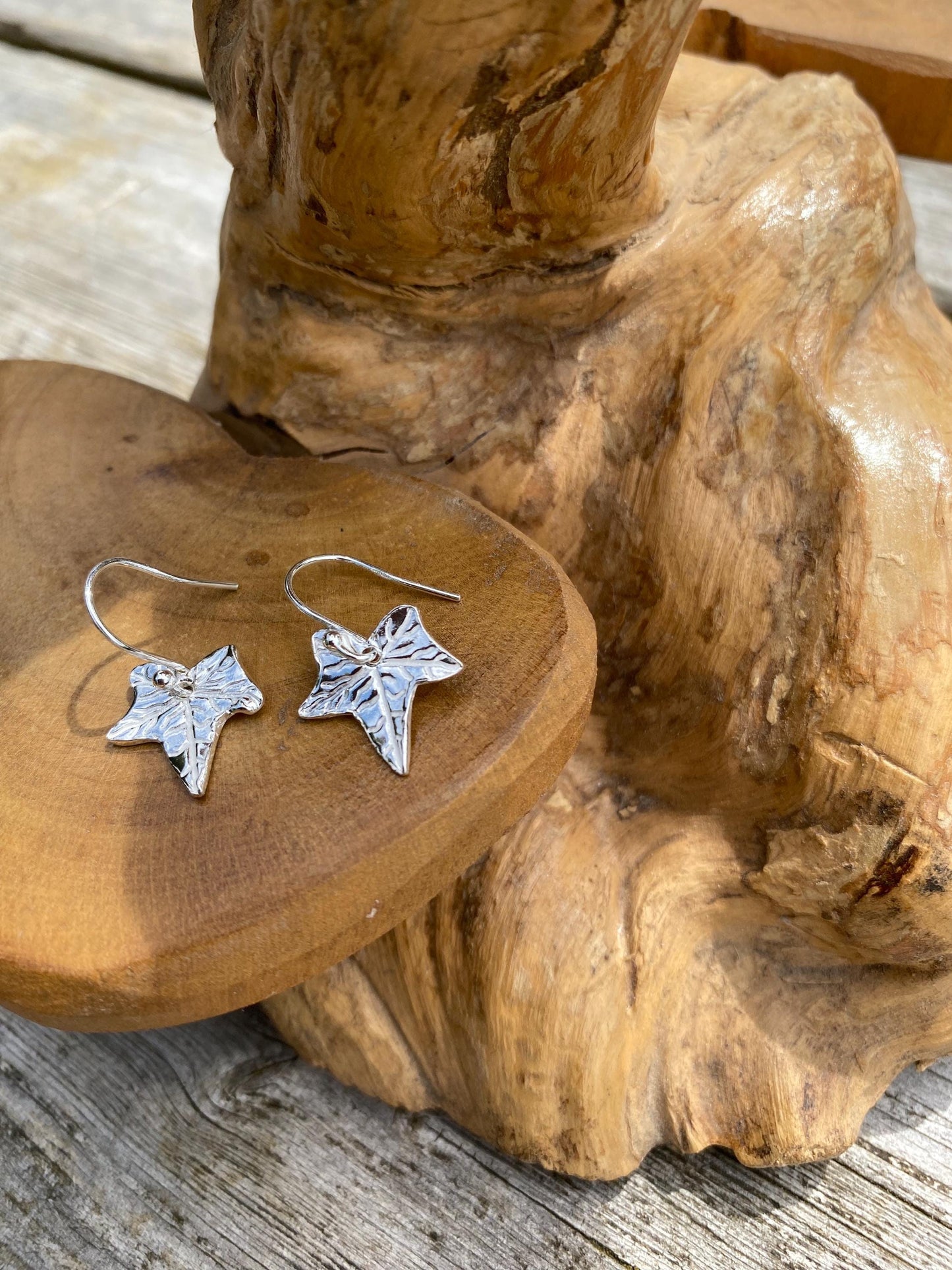 Fine silver ivy leaf drop earrings, handmade in Gloucestershire, UK.