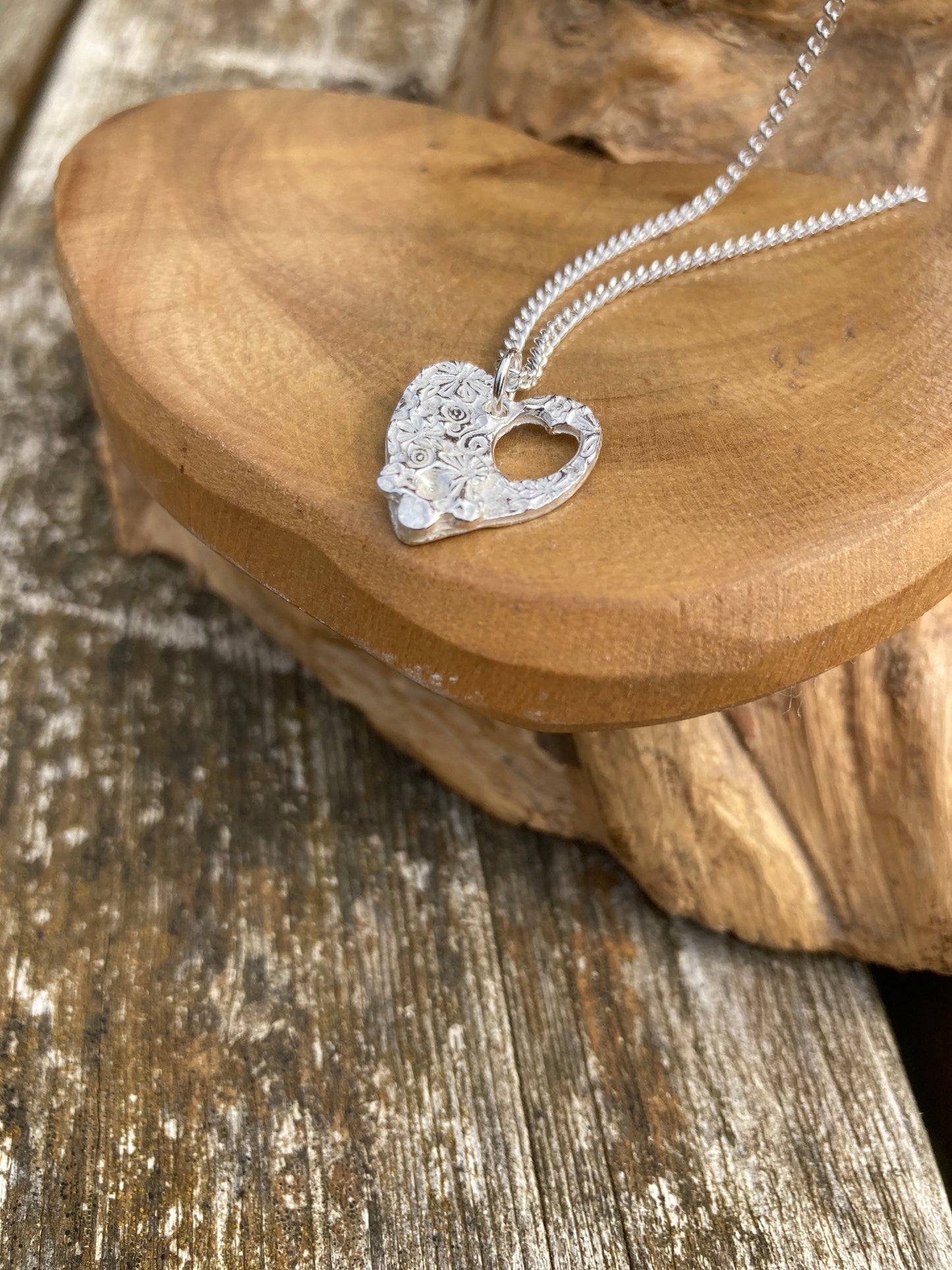 solid silver small heart pendant necklace with forgetmenot flower & 18" sterling silver chain designed and handmade in UK
