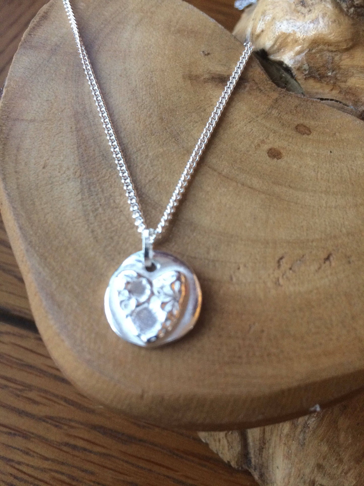 Personalised solid silver button with heart, daisy or star pattern handmade UK & 16" or 18" solid sterling silver necklace
