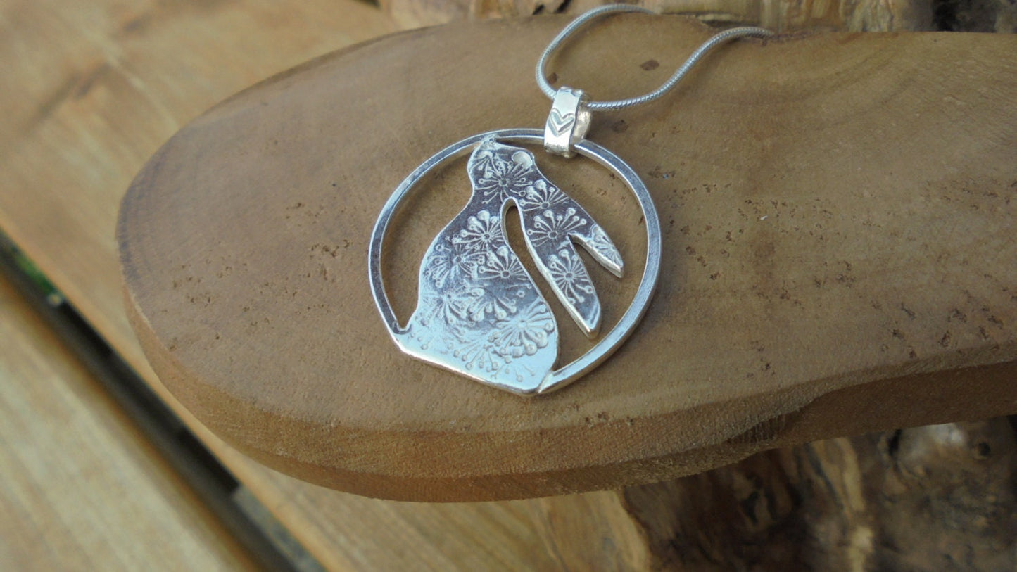 Moon gazing Hare pendant, Personalised and in solid sterling silver, hand made UK