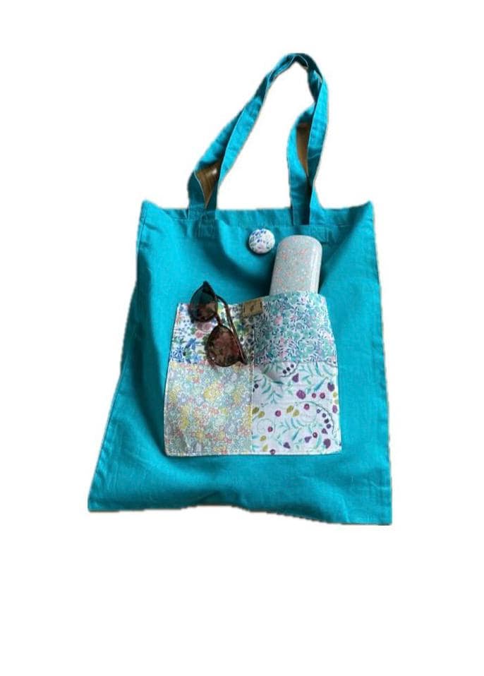 Liberty of London pocket large Tote bag handmade,Liberty print front pocket on bright colourful cotton tote bags. Unique gift.