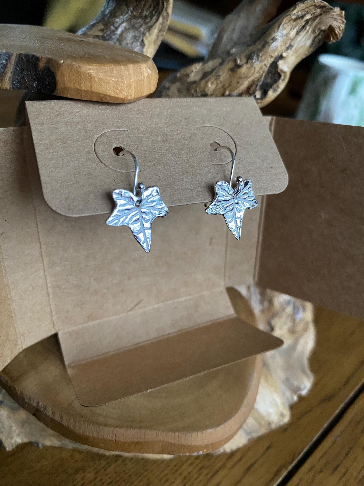 Fine silver ivy leaf drop earrings, handmade in Gloucestershire, UK.
