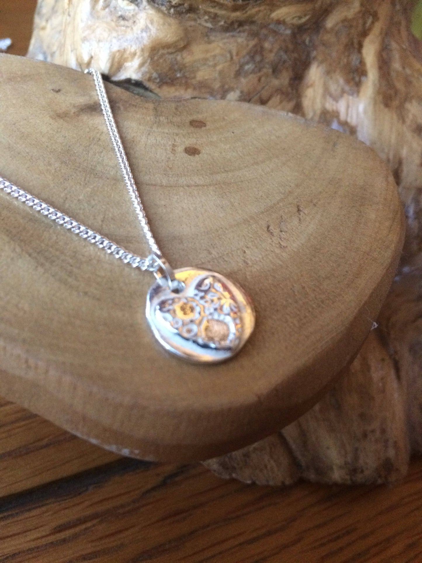 Personalised solid silver button with heart, daisy or star pattern handmade UK & 16" or 18" solid sterling silver necklace