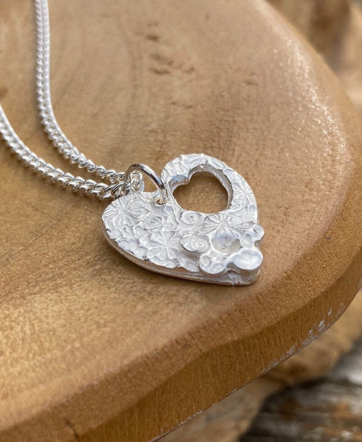 solid silver small heart pendant necklace with forgetmenot flower & 18" sterling silver chain designed and handmade in UK