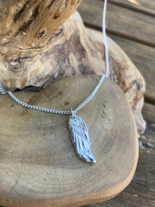 Personalised angels wing solid silver dainty pendant necklace and 18" sterling silver chain designed & handmade in UK