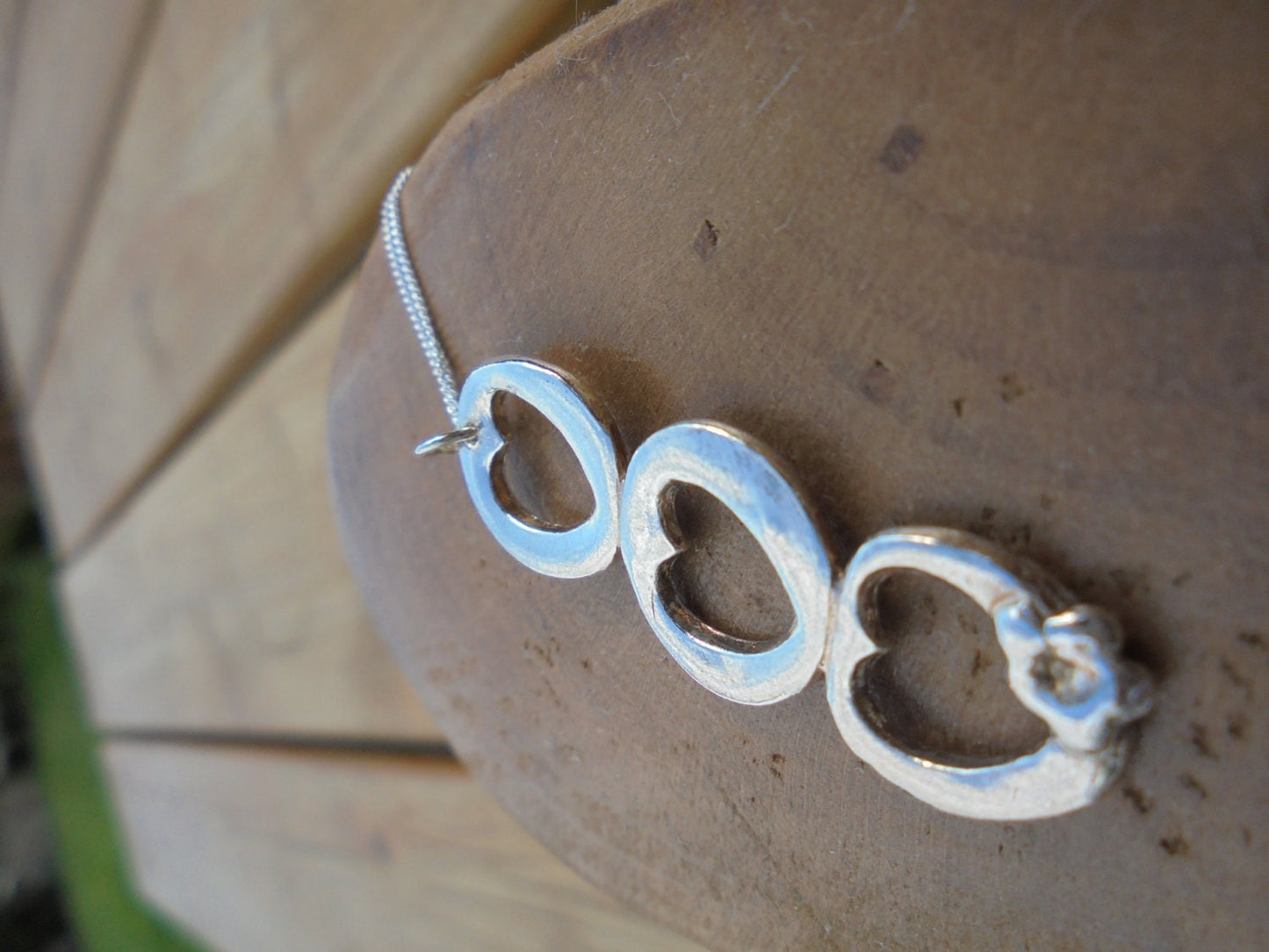 solid fine silver triple heart pendant with flower and 18" sterling silver chain designed & handmade in UK