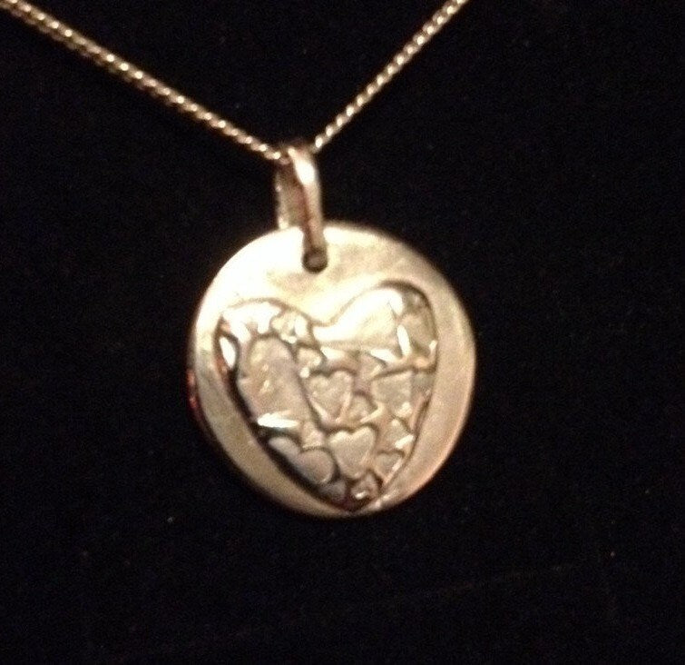 Personalised solid silver button with heart, daisy or star pattern handmade UK & 16" or 18" solid sterling silver necklace