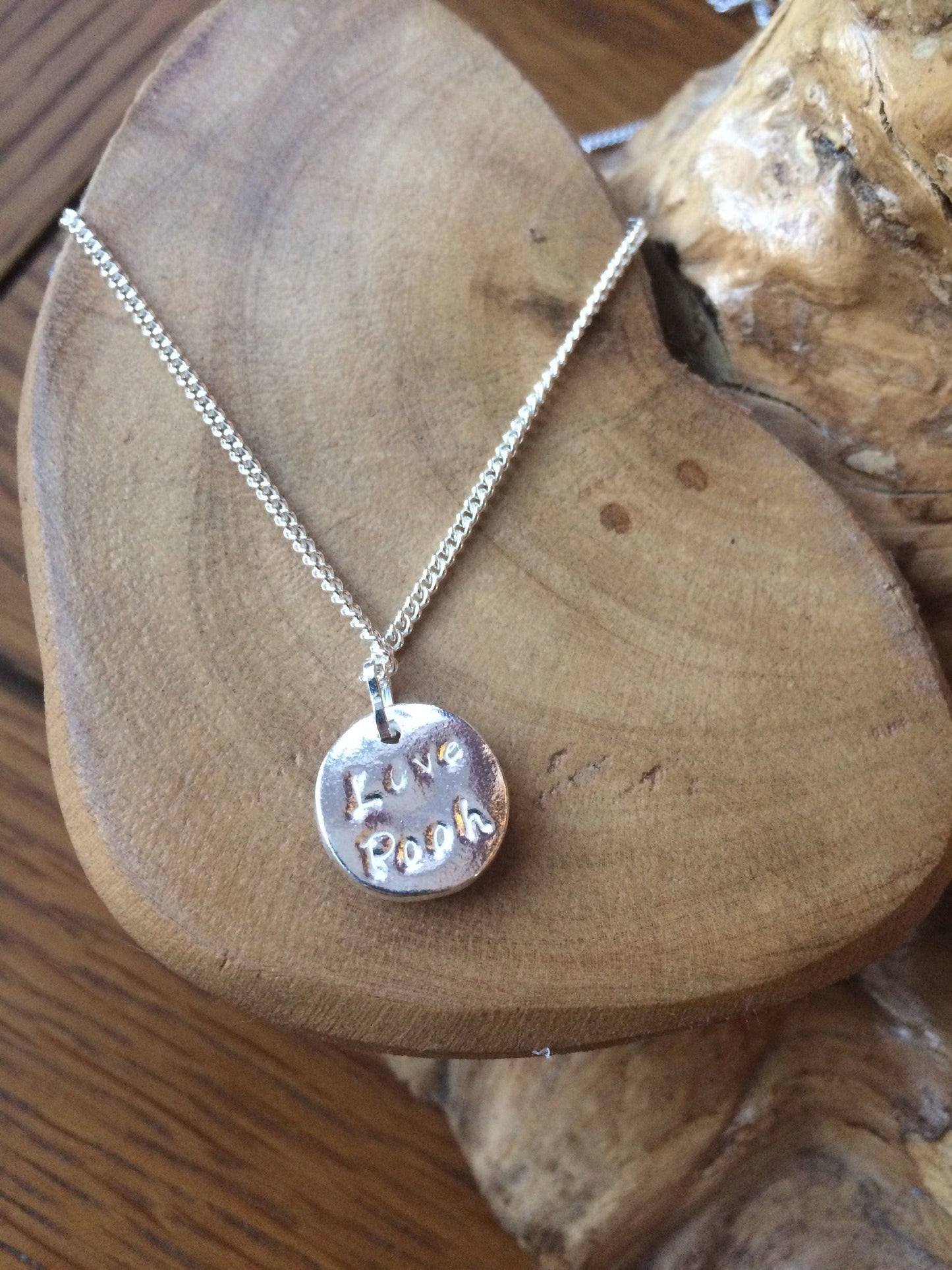 Personalised solid silver button with heart, daisy or star pattern handmade UK & 16" or 18" solid sterling silver necklace