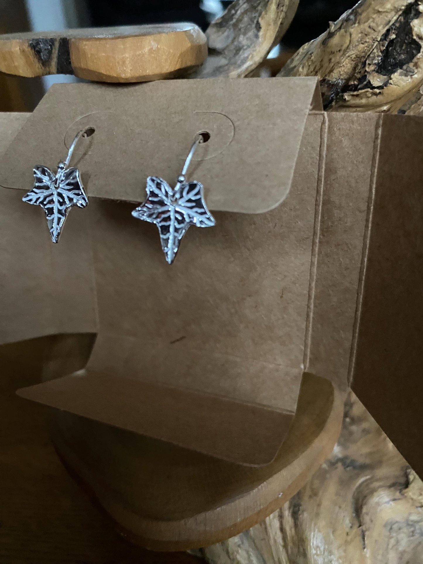 Fine silver ivy leaf drop earrings, handmade in Gloucestershire, UK.
