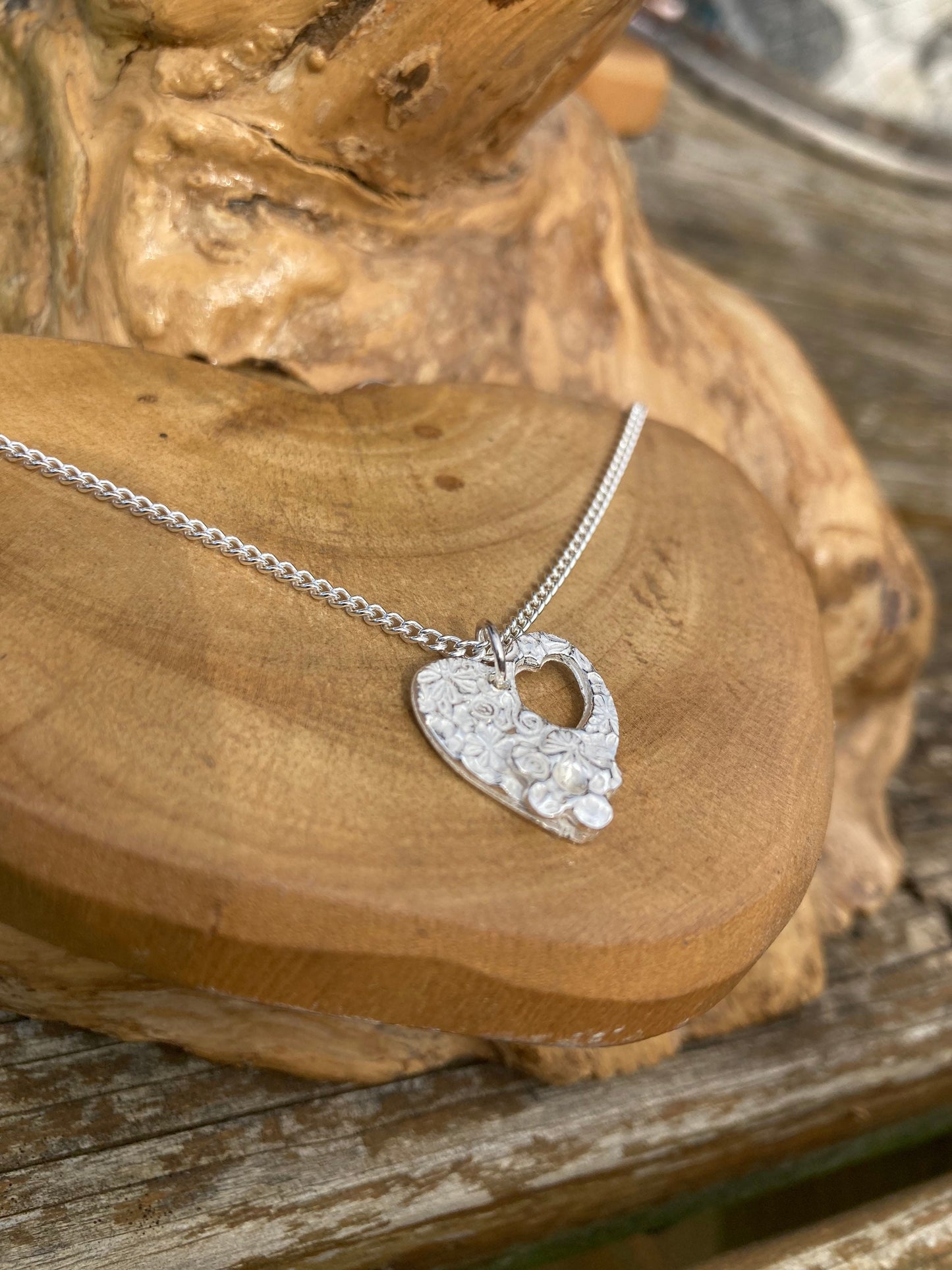 solid silver small heart pendant necklace with forgetmenot flower & 18" sterling silver chain designed and handmade in UK