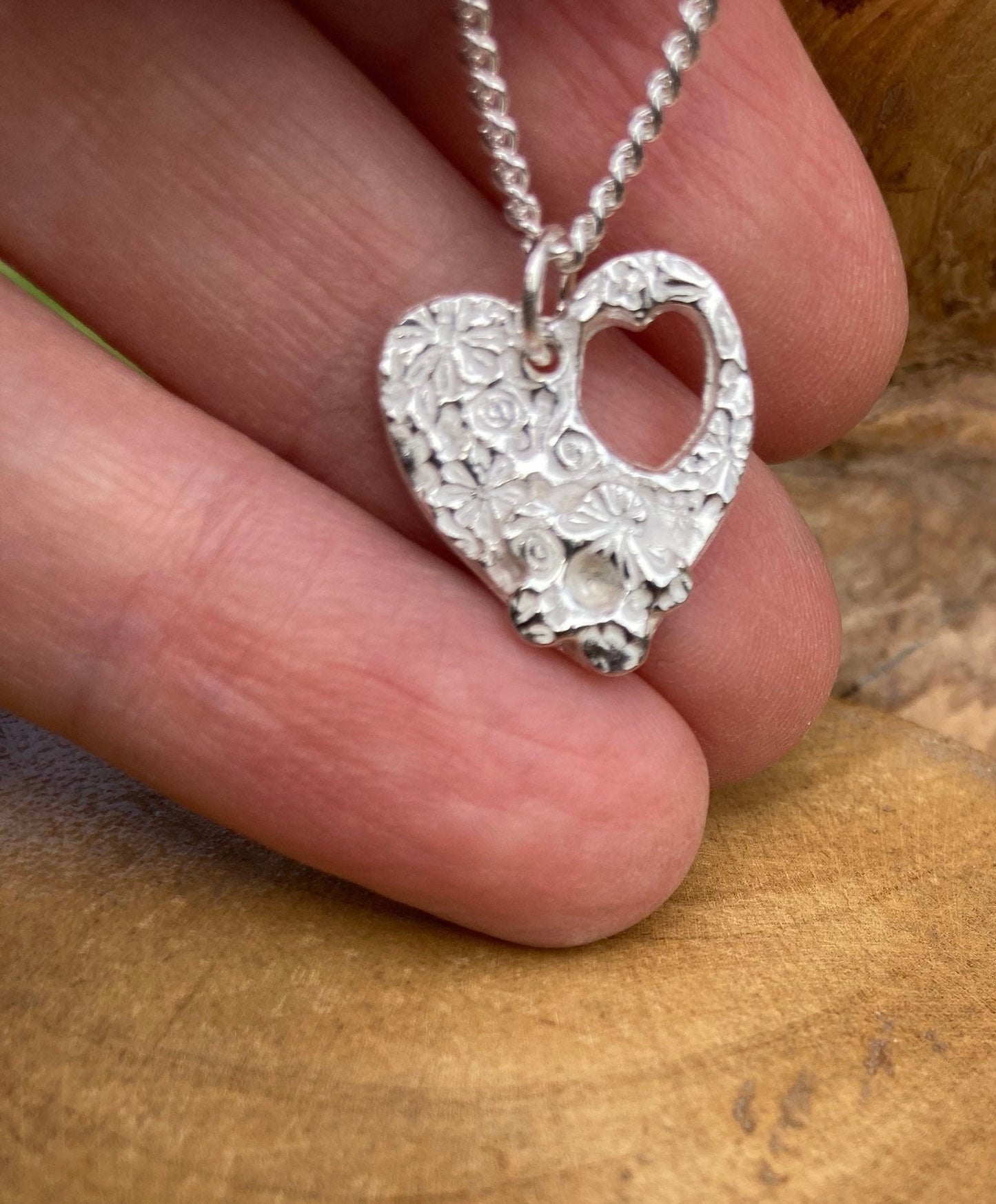 solid silver small heart pendant necklace with forgetmenot flower & 18" sterling silver chain designed and handmade in UK