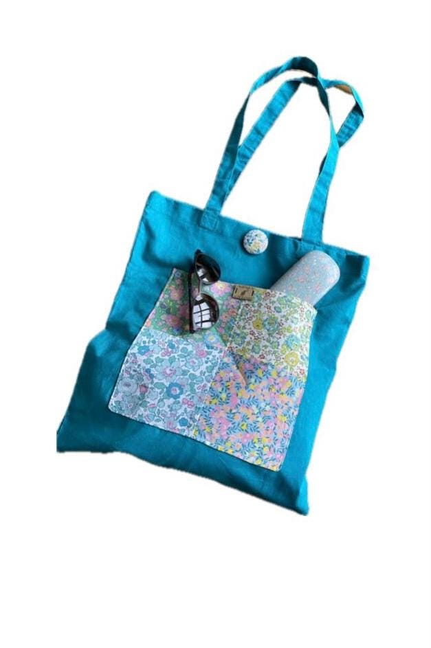 Liberty of London pocket large Tote bag handmade,Liberty print front pocket on bright colourful cotton tote bags. Unique gift.