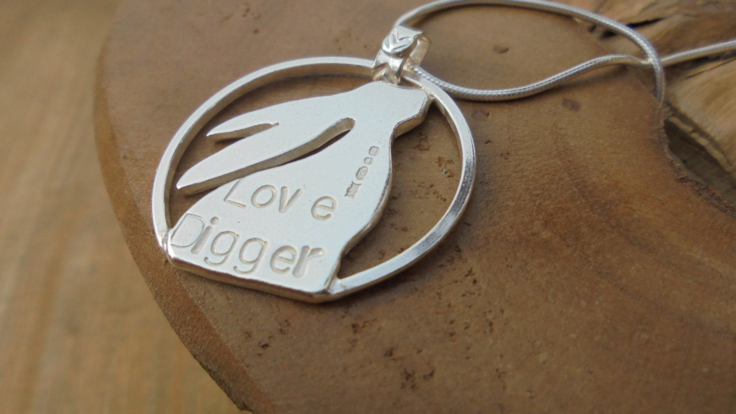 Moon gazing Hare pendant, Personalised and in solid sterling silver, hand made UK