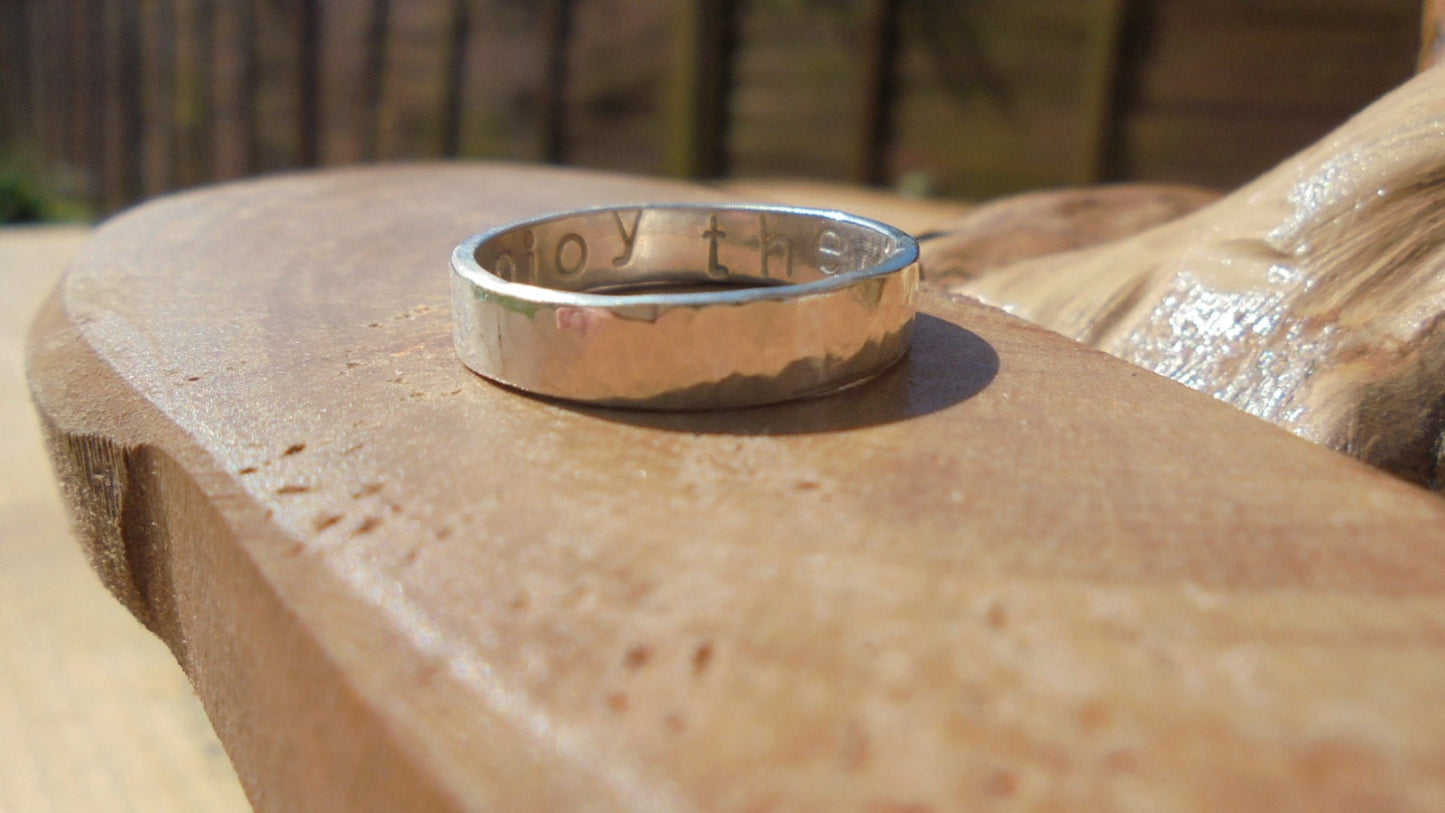 Personalised solid sterling silver wedding or friendship ring, choice of pattern/text, designed & handmade in UK