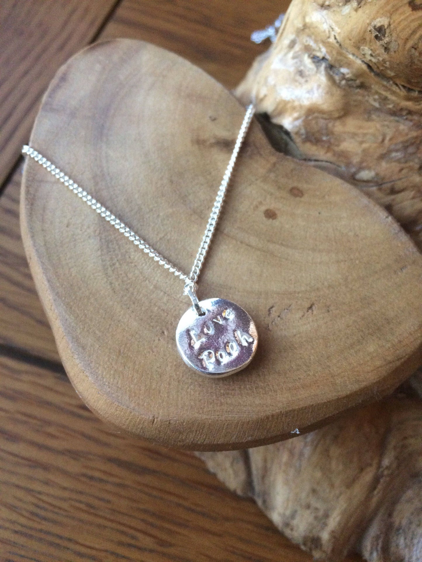 Personalised solid silver button with heart, daisy or star pattern handmade UK & 16" or 18" solid sterling silver necklace