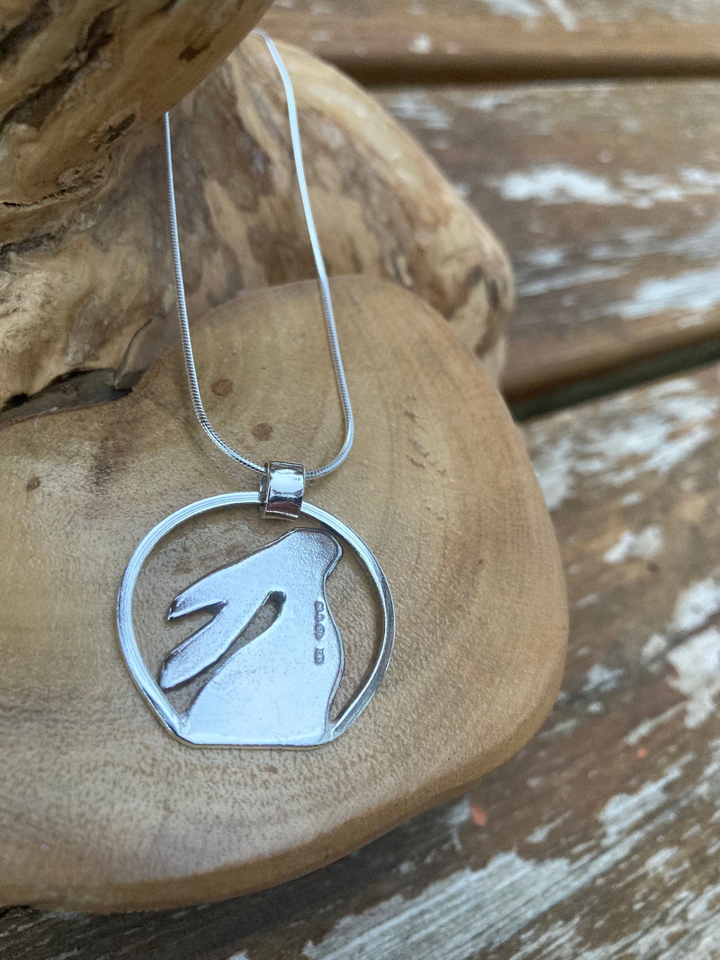 Moon gazing Hare pendant, Personalised and in solid sterling silver, hand made UK