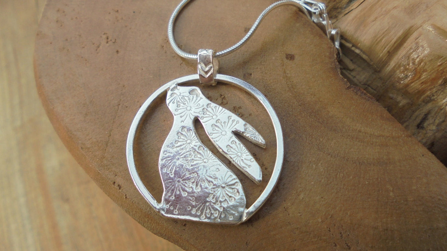 Moon gazing Hare pendant, Personalised and in solid sterling silver, hand made UK
