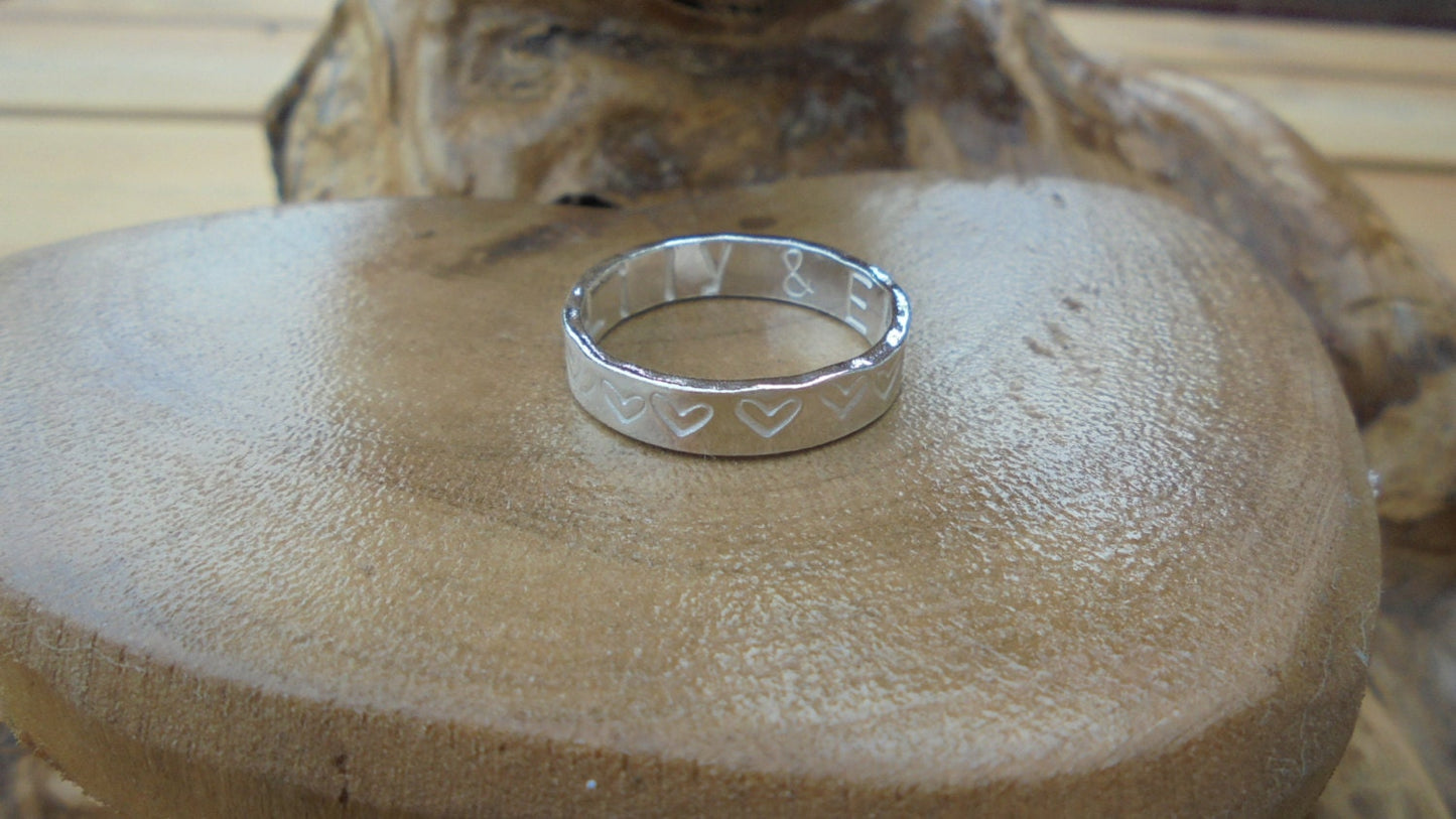 Personalised solid sterling silver wedding or friendship ring, choice of pattern/text, designed & handmade in UK