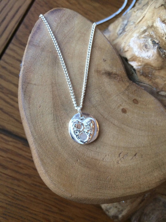 Personalised solid silver button with heart, daisy or star pattern handmade UK & 16" or 18" solid sterling silver necklace