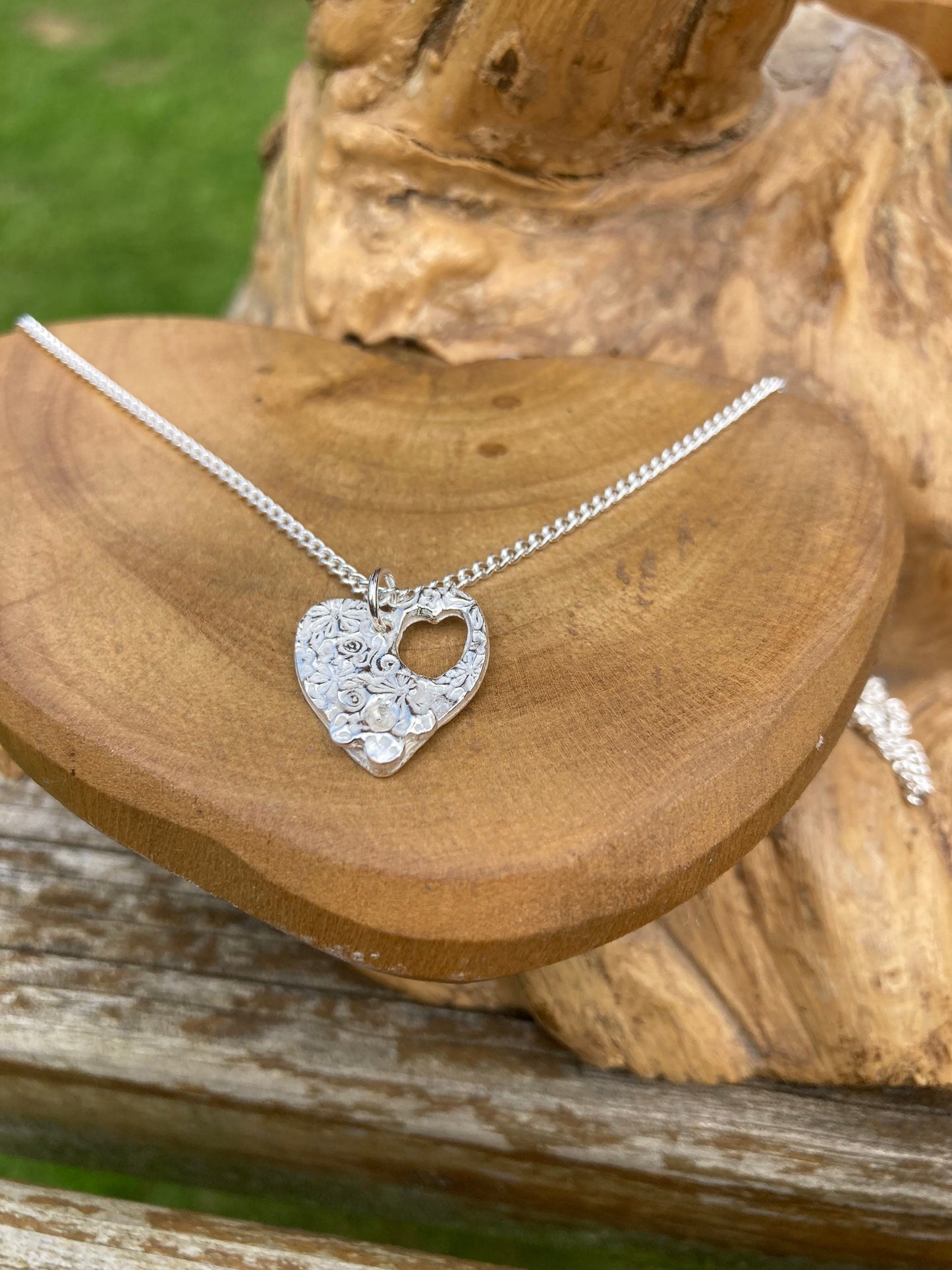 solid silver small heart pendant necklace with forgetmenot flower & 18" sterling silver chain designed and handmade in UK